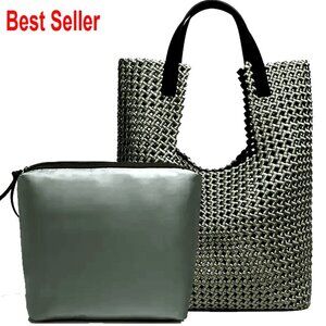 Leather Satin Woven Tote Bag with Clutch Set Shoulder Handbag